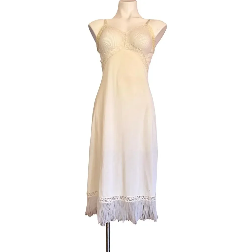 Vintage 1950s Ivory Crystal Pleated Full Slip Lace Trim Bodice Micro-Pleat Hem S